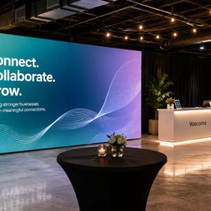 Large teal banner with 'Connect. Collaborate. Grow.' and flowing wave graphics, beside a bright welcome desk in a modern event space.