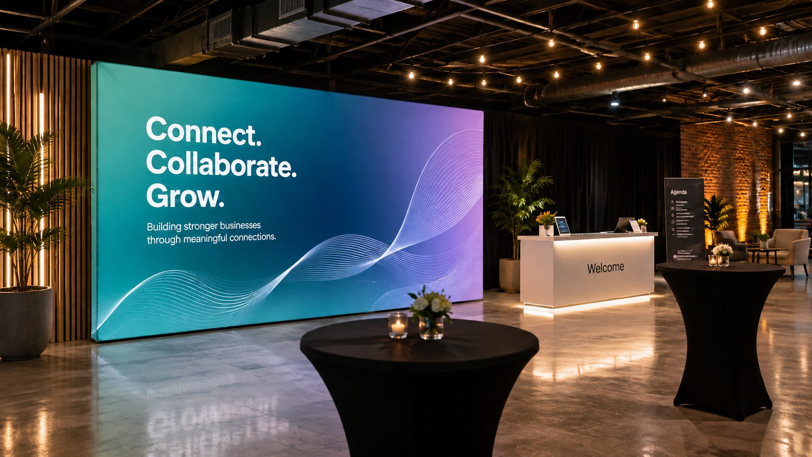 Large teal banner with 'Connect. Collaborate. Grow.' and flowing wave graphics, beside a bright welcome desk in a modern event space.
