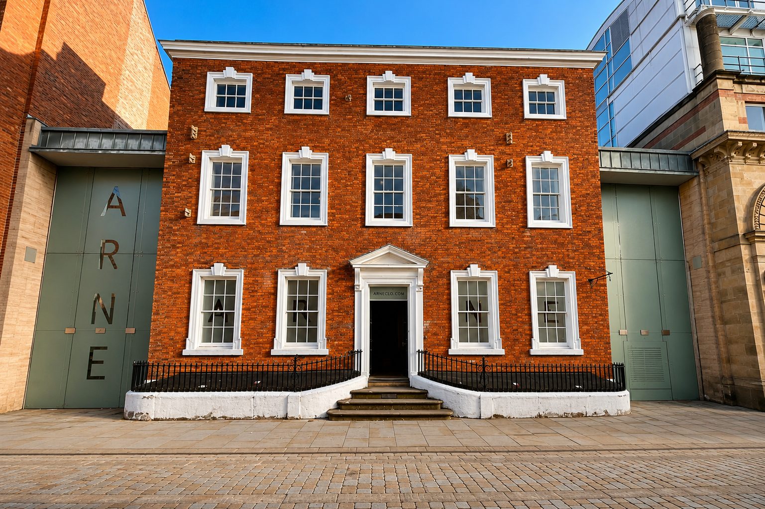 Three-story red brick building with white-framed sash windows and a central doorway, set between large green doors on a cobblestone plaza