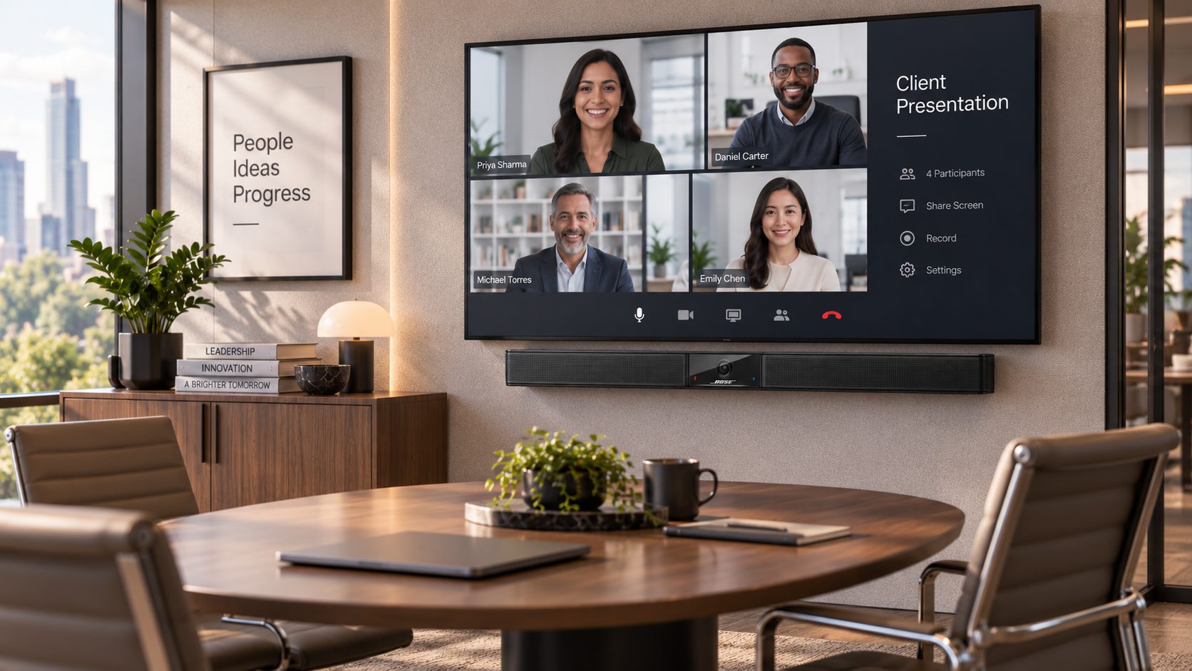 Conference room with a wall-mounted video call showing four participants; a 'Client Presentation' panel is on the right.
