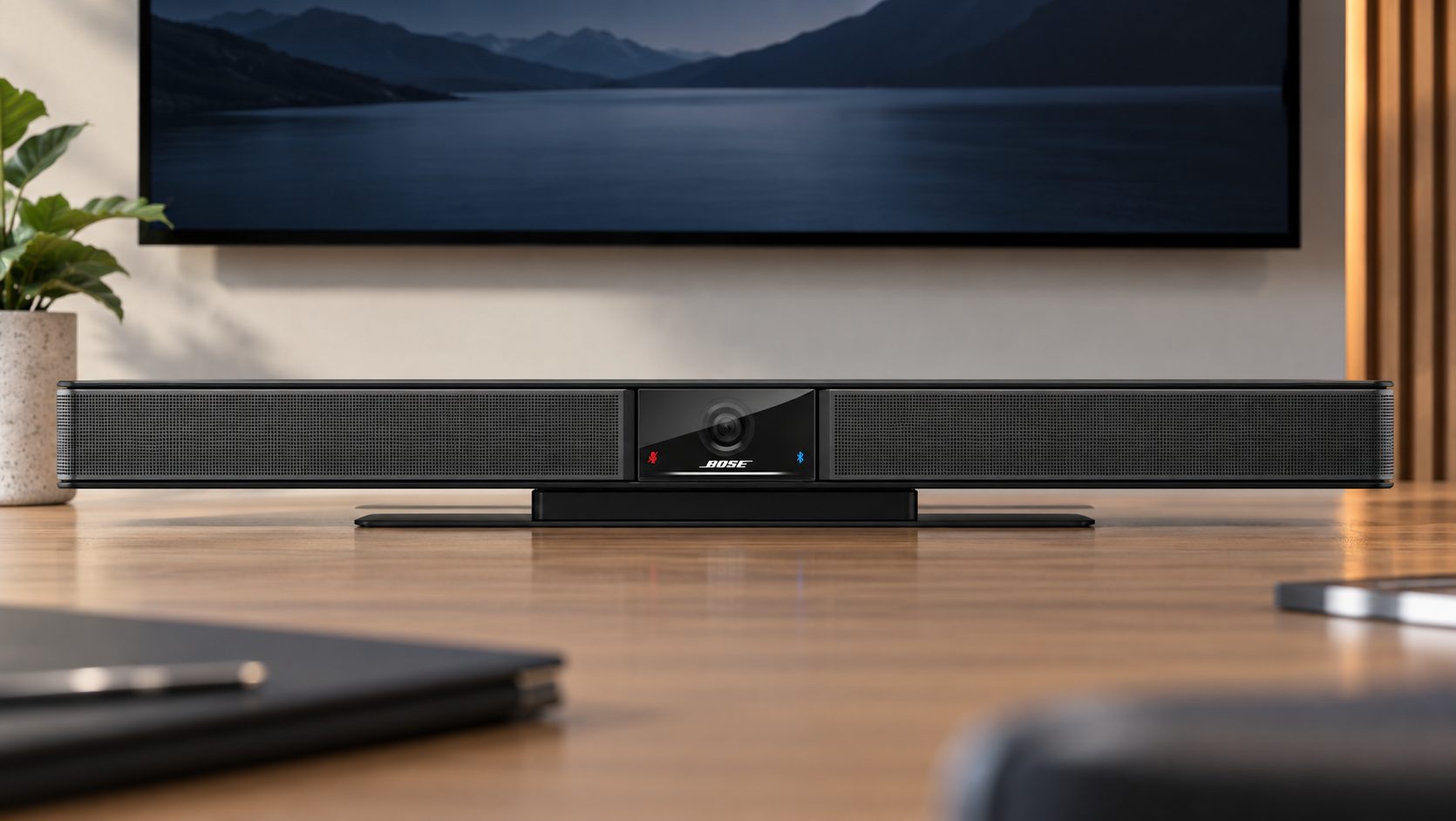 Black Bose soundbar with a central display/camera, flanked by speaker grills, on a low stand in a modern living room.