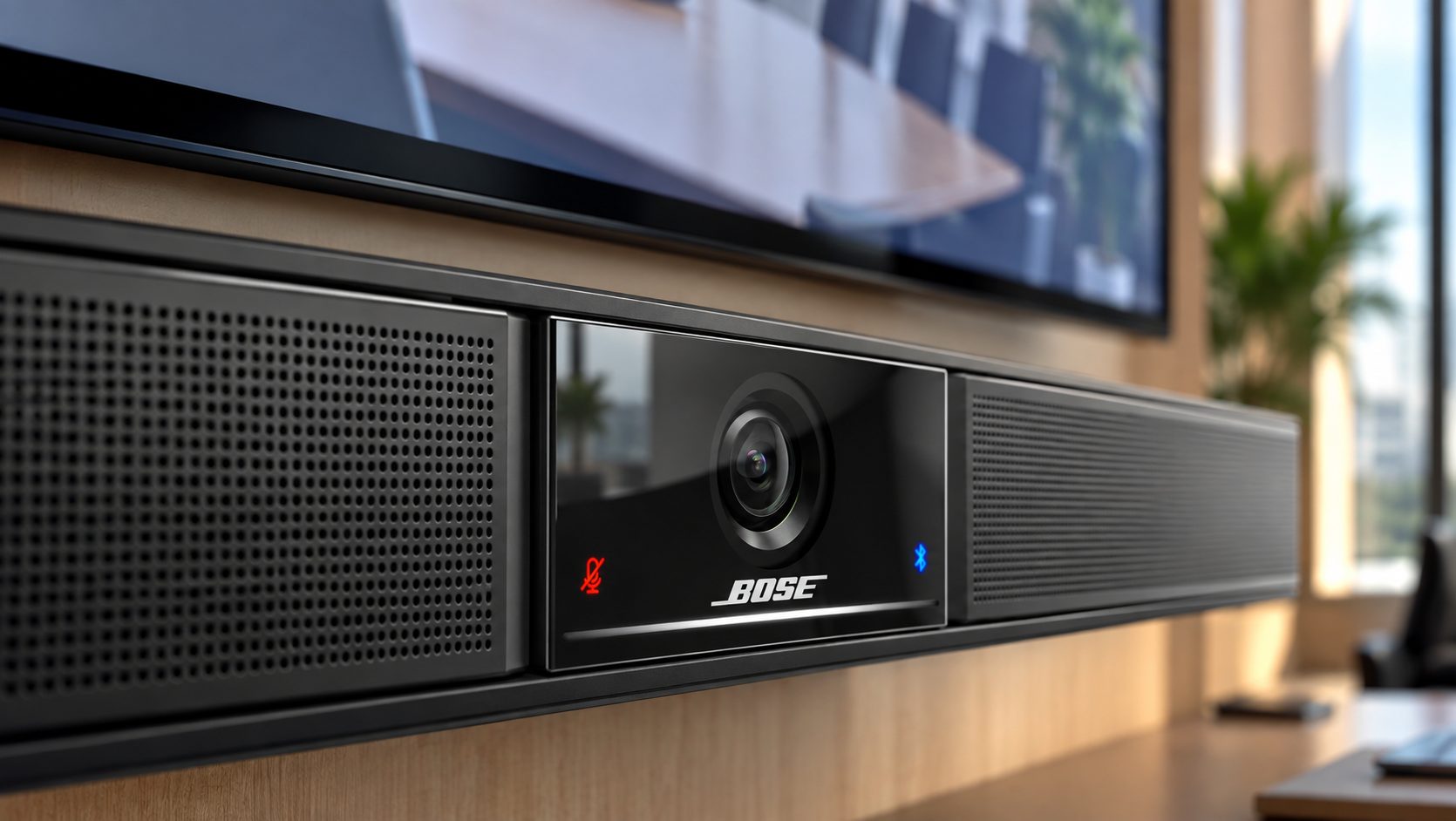 Bose soundbar with a central camera lens and status icons on a shelf under a TV in a modern living room setup.