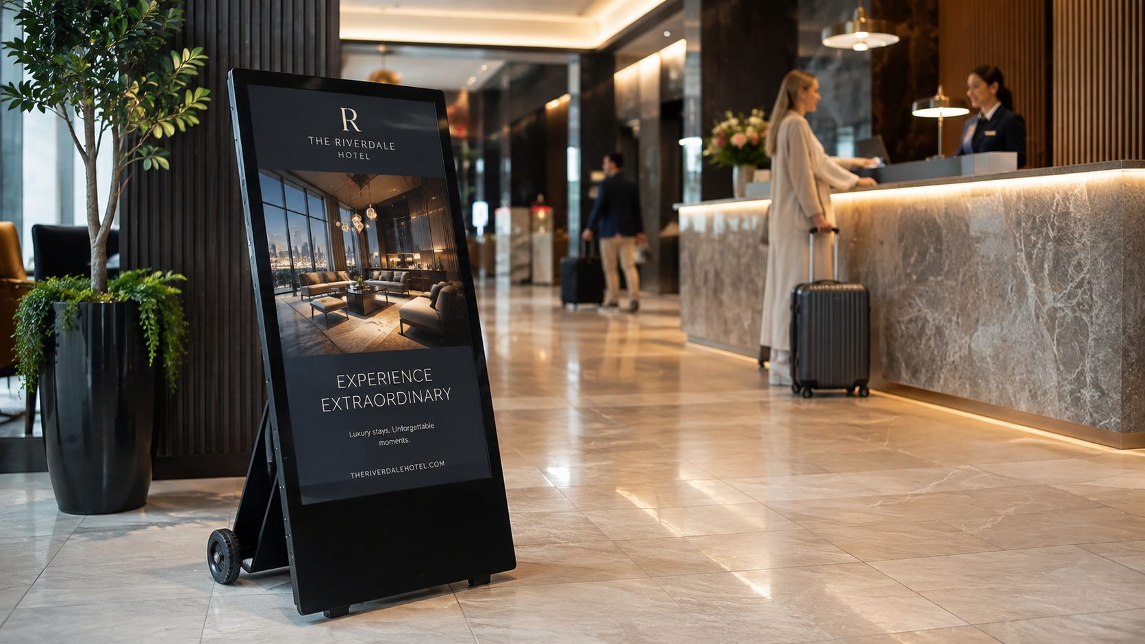 Lobby of The Riverdale Hotel with a wheeled black display board showing 'EXPERIENCE EXTRAORDINARY' and an interior photo.