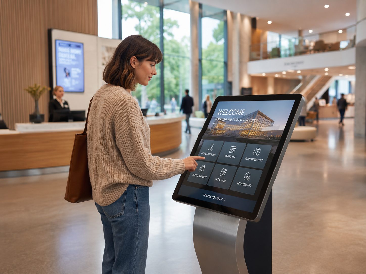 Woman using a large touchscreen information kiosk in a bright modern lobby, seeking assistance or directions.