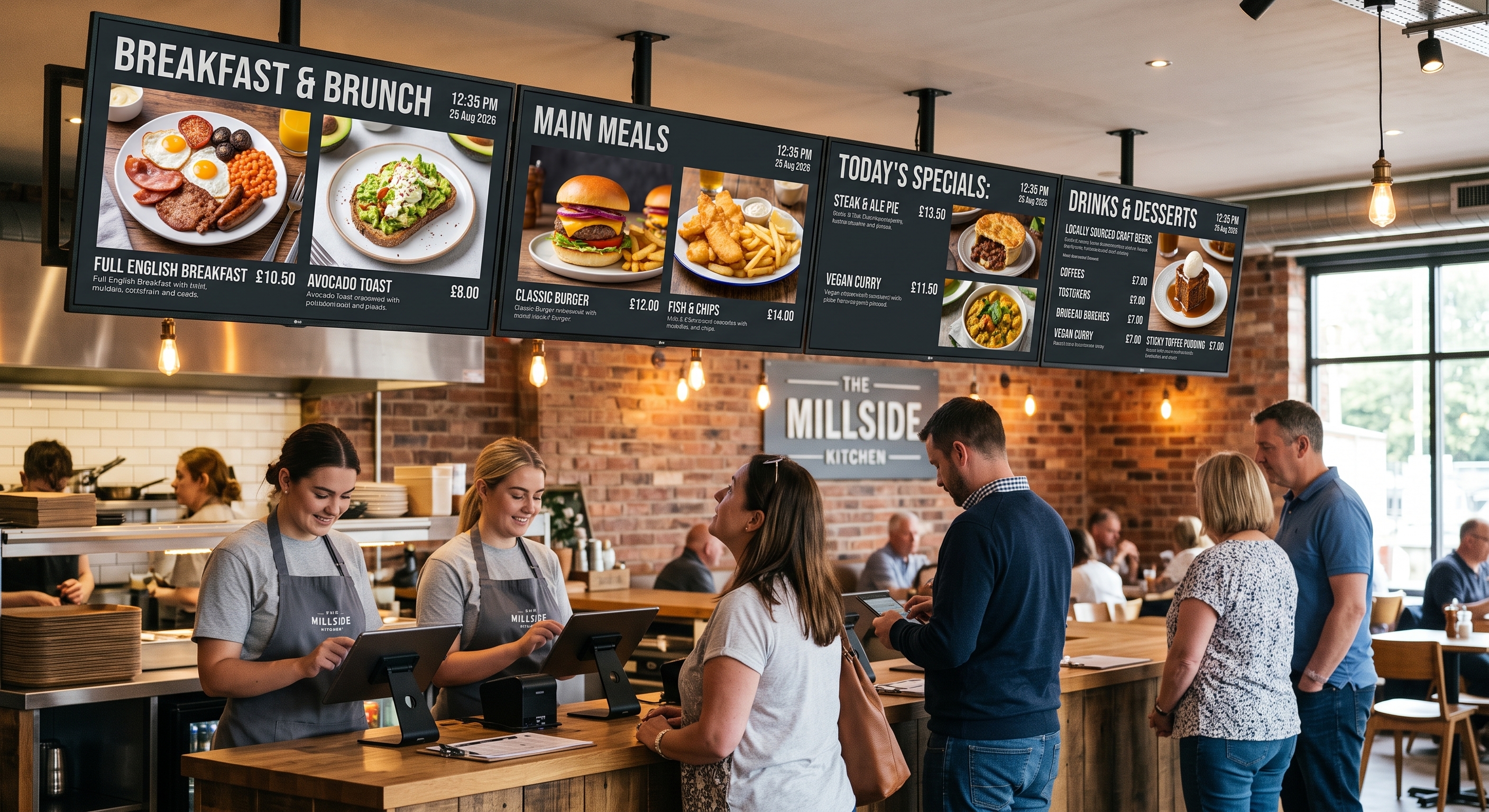 Busy cafe counter with staff taking orders on tablets under large menu boards: Breakfast & Brunch, Main Meals, Today's Specials, Drinks & Desserts; customers order.