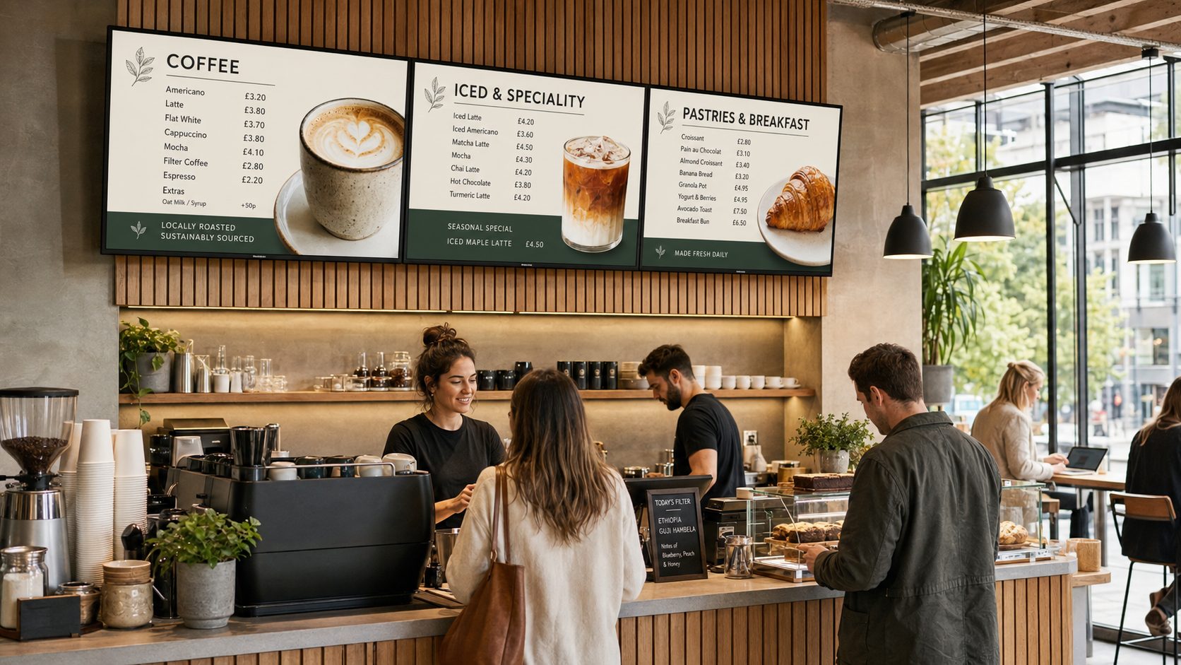 Cafe counter with three illuminated menus overhead and customers ordering at the bar at a modern cafe setting.