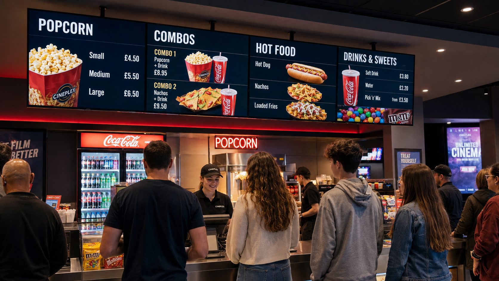 People stand at a cinema concession counter reading large menu boards for popcorn, combos, hot food, and drinks above the counter.