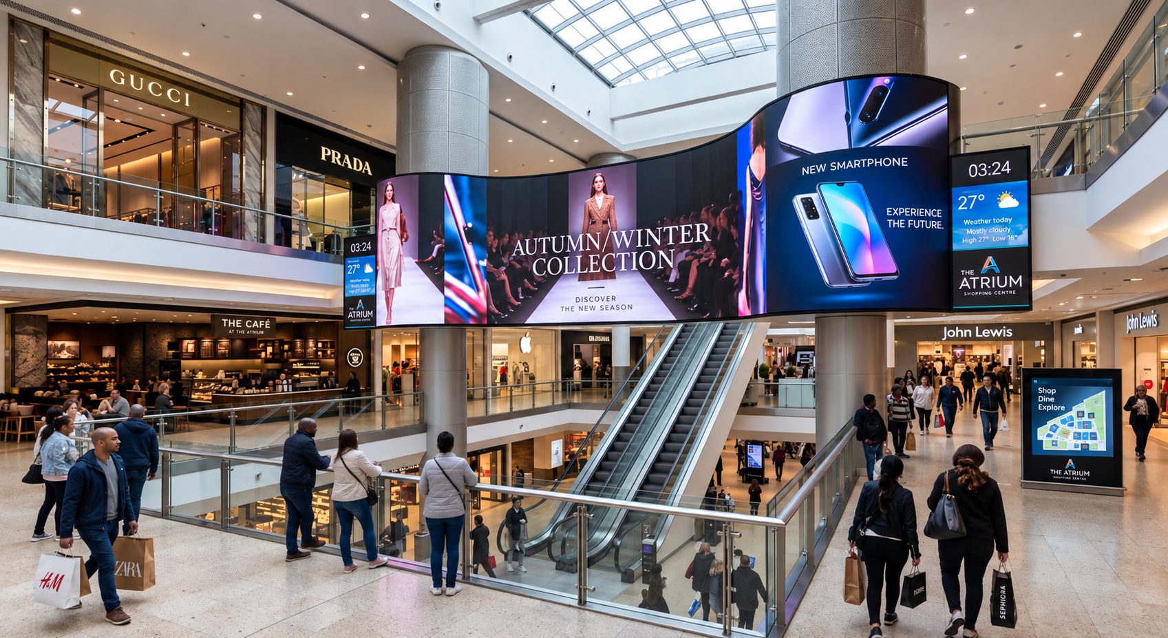 Busy shopping mall interior with large curved digital ads, including Autumn/Winter collection and a new smartphone display above escalators