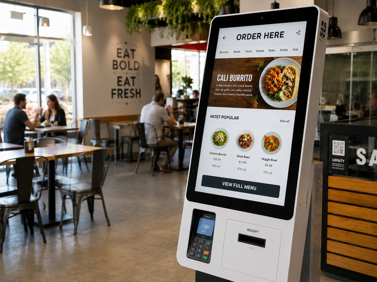 Self-service restaurant kiosk displaying 'ORDER HERE' with a burrito dish image; customers dine in the background.