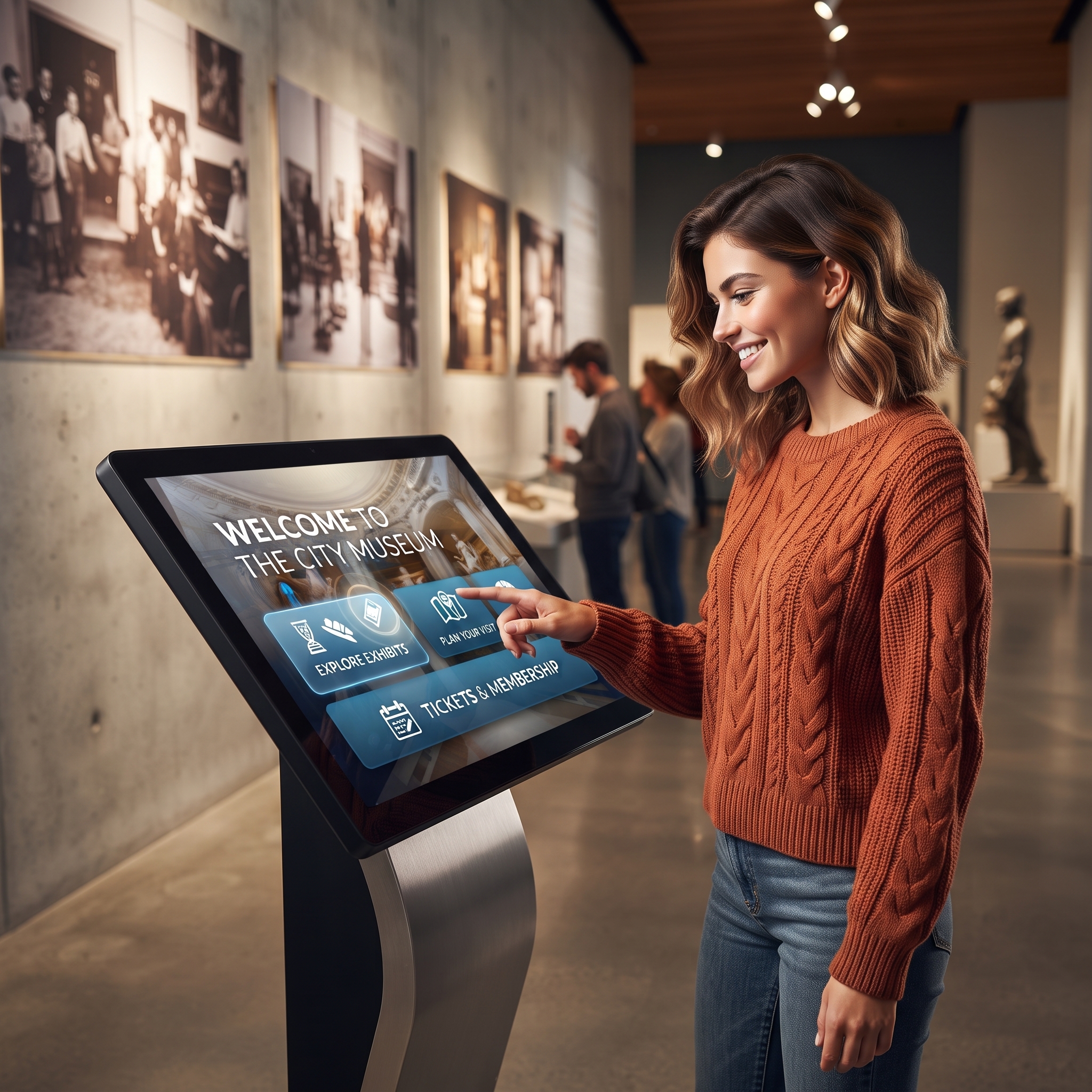 A woman using a self-service digital kiosk