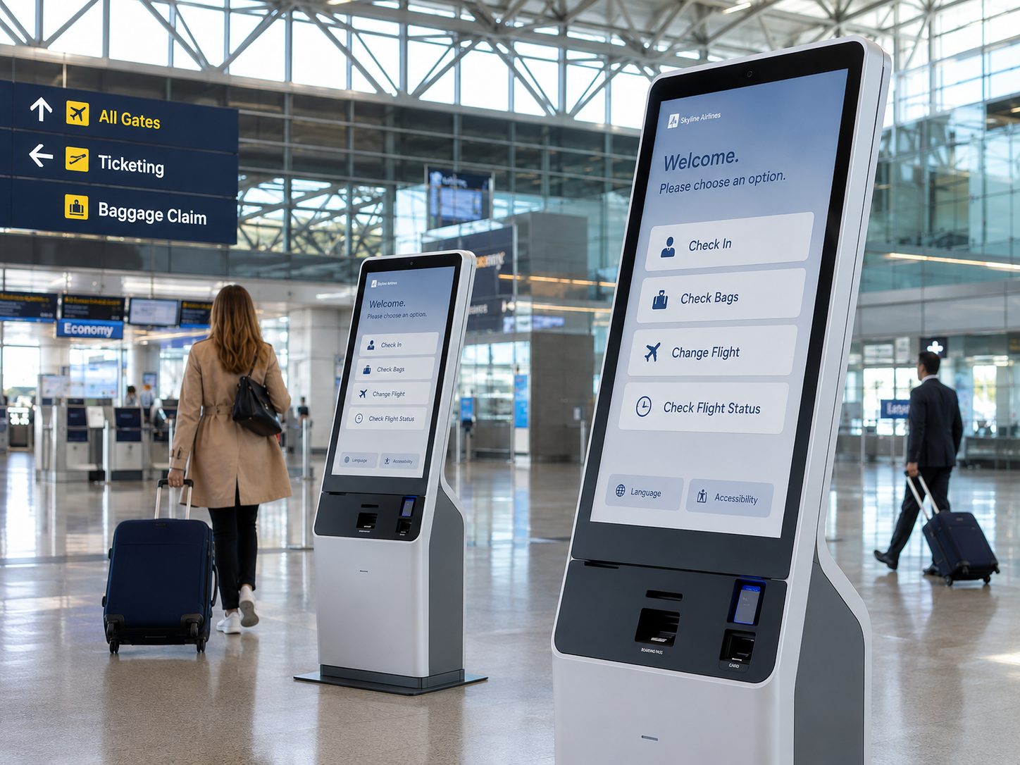 Self-service airport kiosks displaying Check In, Check Bags, Change Flight, and Flight Status options near travelers with luggage. Signage reads All Gates, Ticketing, and Baggage Claim in the background.