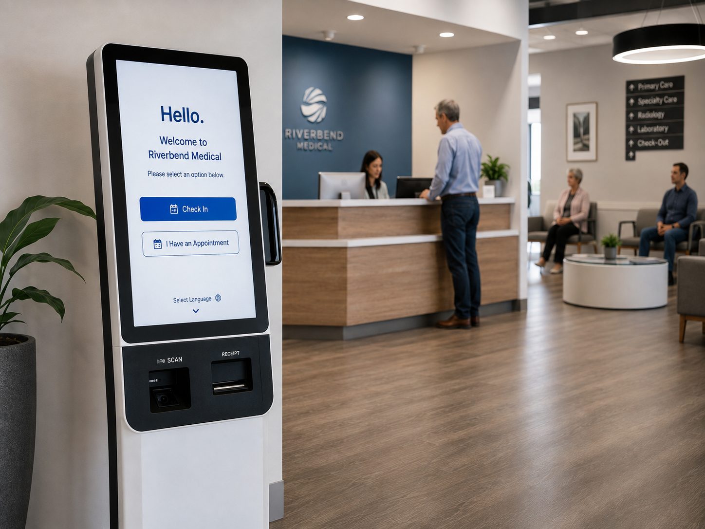 Self-check-in kiosk at Riverbend Medical reception; screen reads 'Hello. Welcome to Riverbend Medical'.