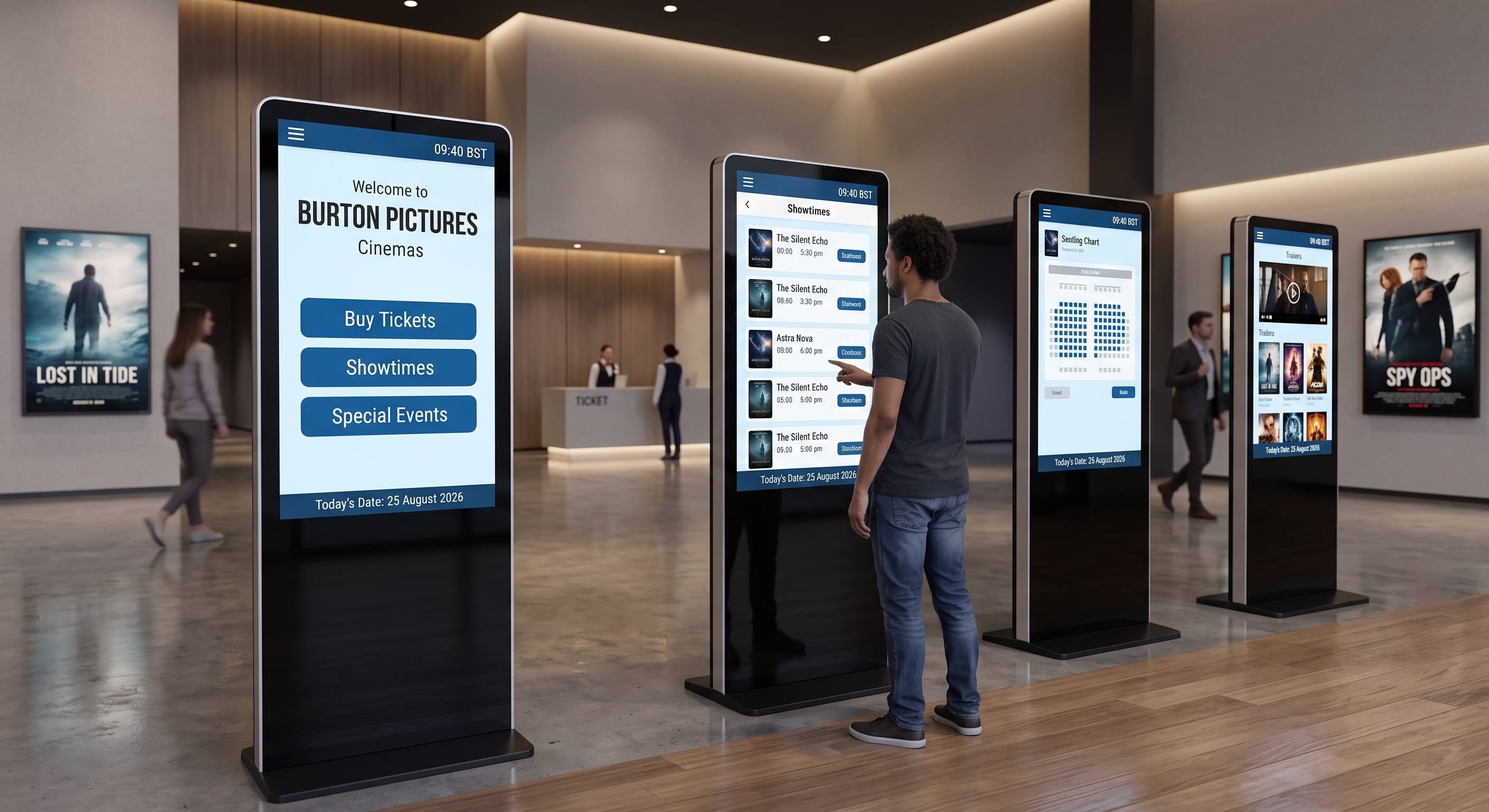 Row of tall touchscreen kiosks in a modern cinema lobby displaying tickets and showtimes.