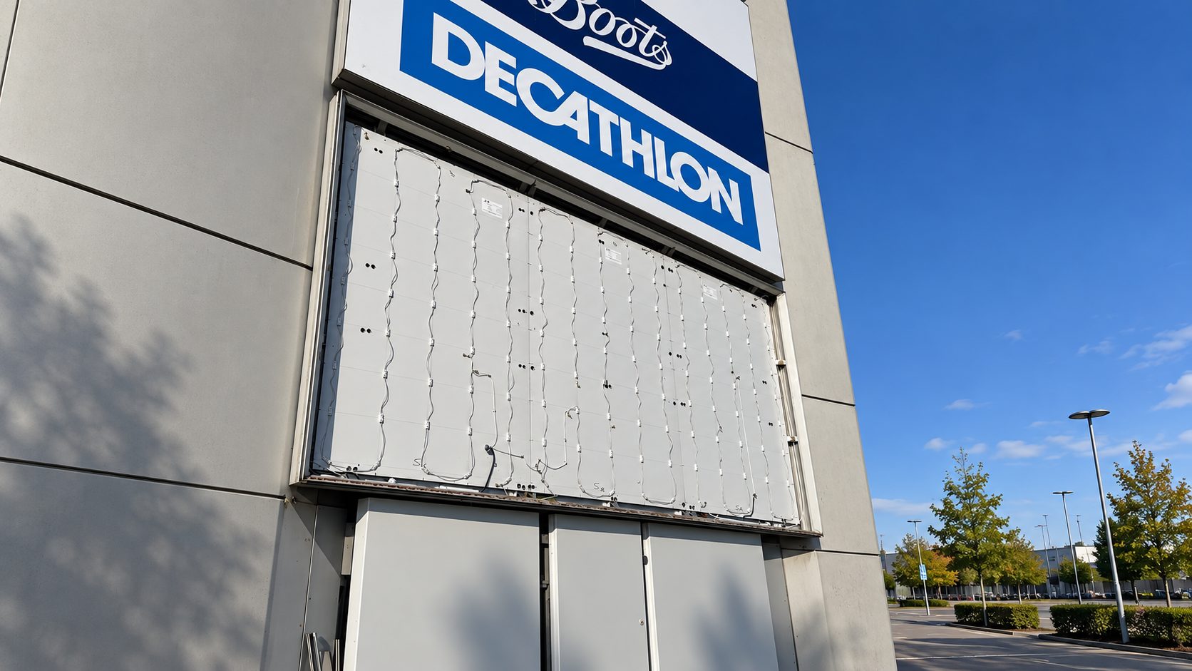 Exterior of a shopping storefront with a large blue-and-white Decathlon sign above a closed shutter decorated with string lights.