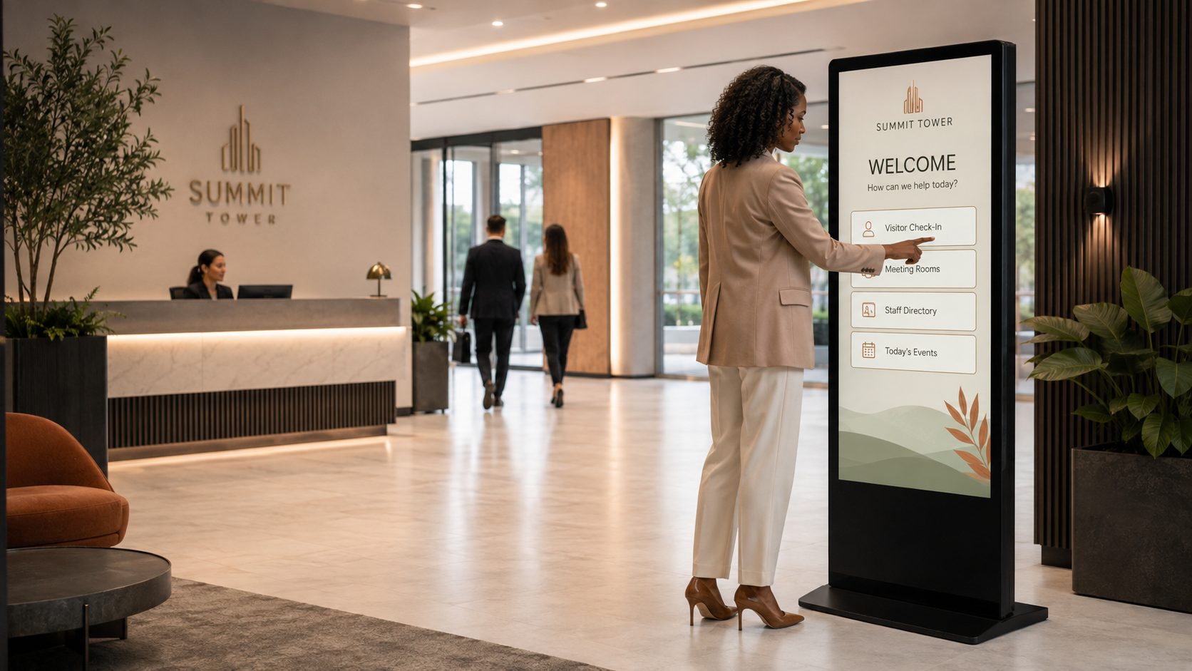 Hotel lobby reception with a large digital directory screen labeled Summit Tower, showing Welcome options for visitor check-in, meeting rooms, staff directory, and today's events.