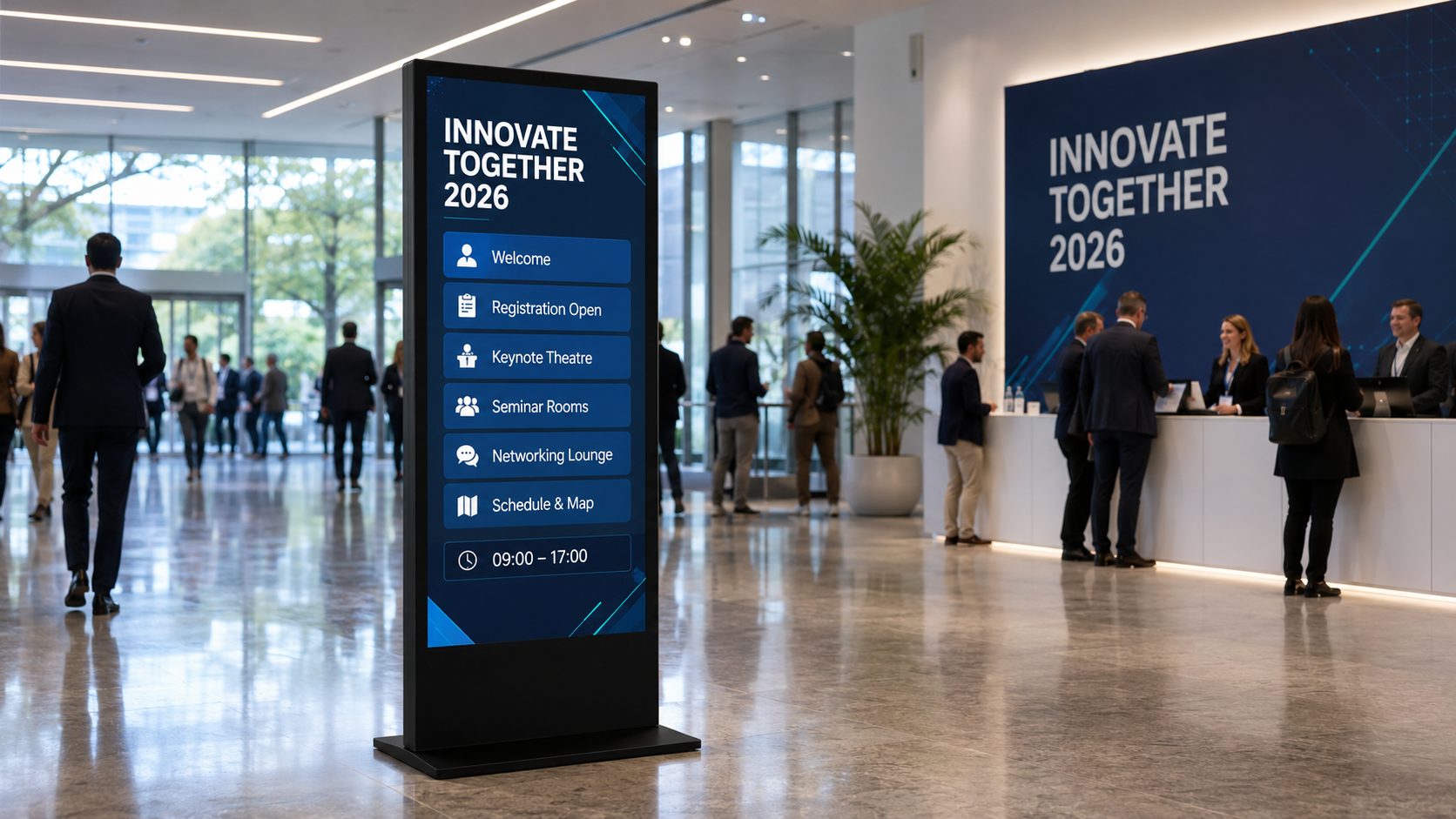 Tall digital directory in a modern conference lobby showing event 'Innovate Together 2026' and navigation options (Welcome, Registration Open, Keynote Theatre, Seminar Rooms, Networking Lounge, Schedule & Map, 09:00–17:00); reception desk with staff and attendees in the background.