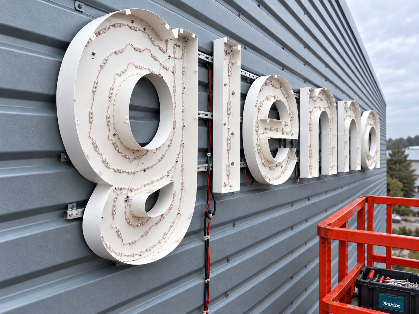Close-up of a large white 3D illuminated sign mounted on a gray metal wall; wires and LED modules are visible behind the letters, with an orange scaffold in the foreground.