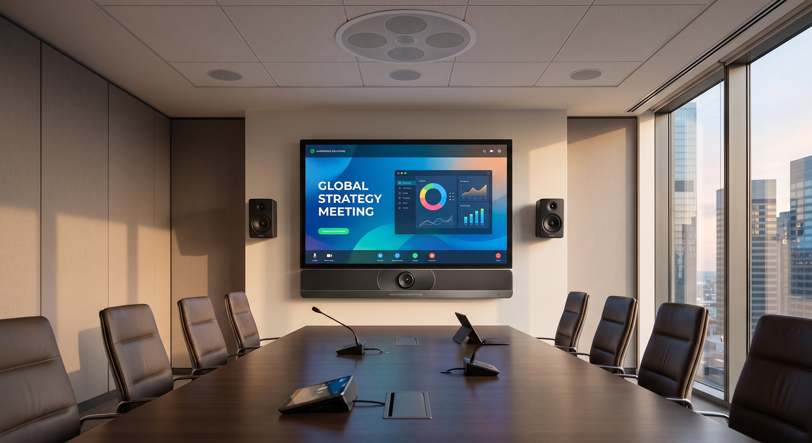 Boardroom with a large wall screen reading 'GLOBAL STRATEGY MEETING' and surrounding speakers, microphones, and a long table of leather chairs in a city-view office.