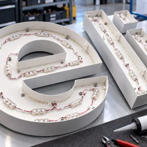 Large metal letters with LED strip lights on a workbench in a workshop surface area in the background
