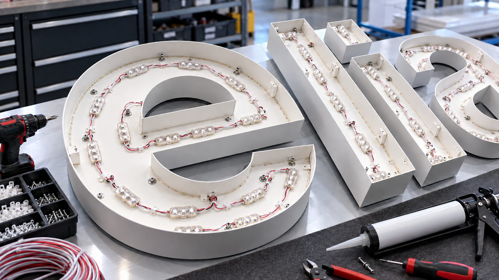 Large metal letters with LED strip lights on a workbench in a workshop surface area in the background