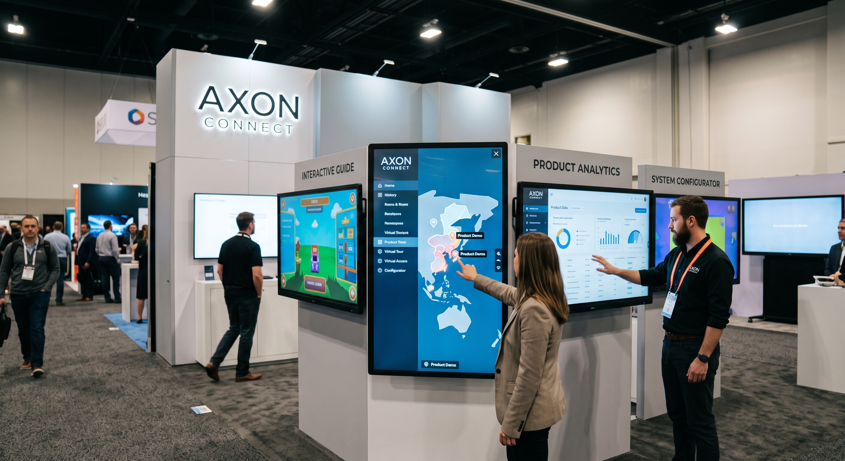 At a busy tech expo booth with large AXON CONNECT signs and multiple interactive screens showing maps and analytics.