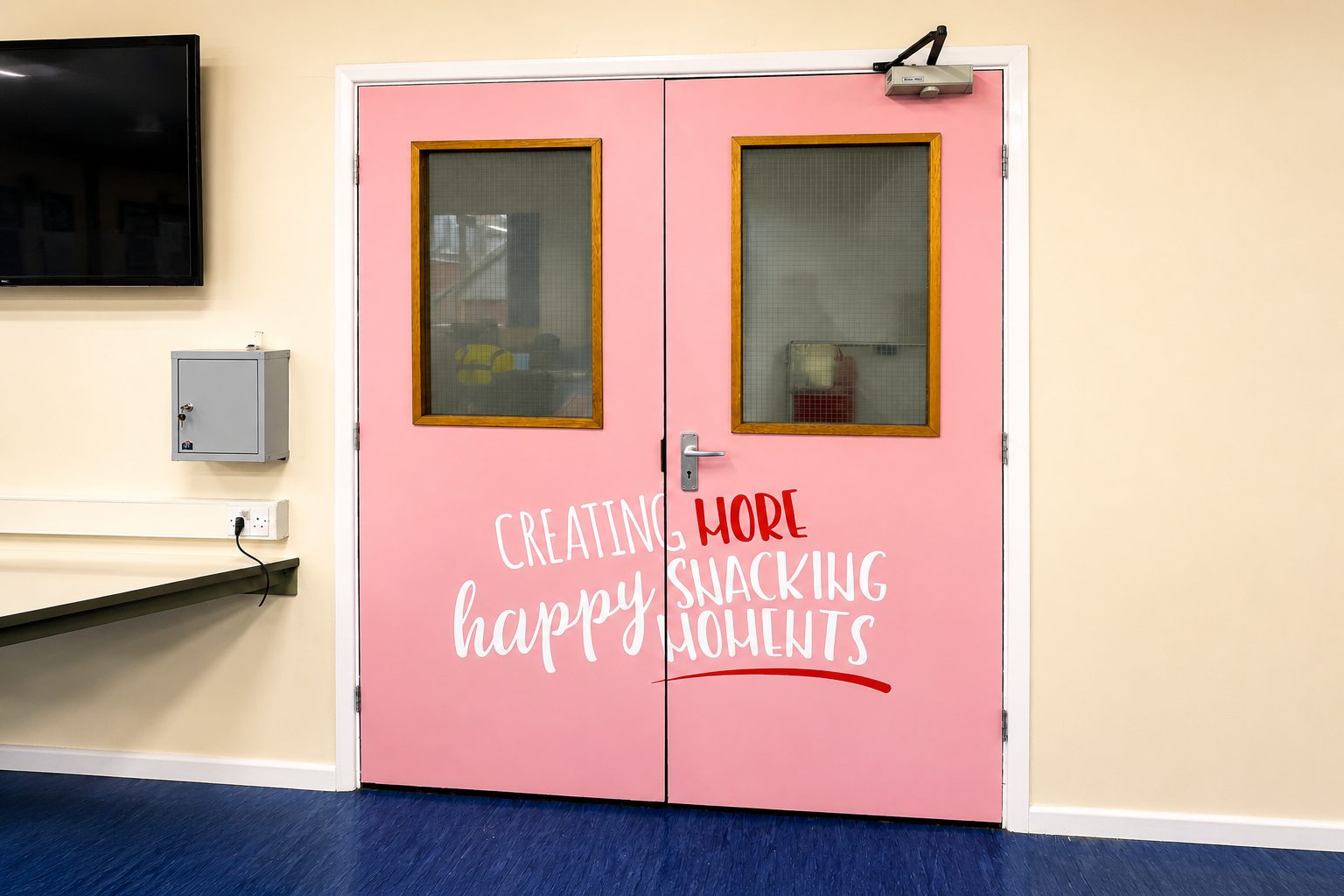 Pink double doors with window panels; mural reads 'Creating more happy snack moments' in white and red letters on the doors.