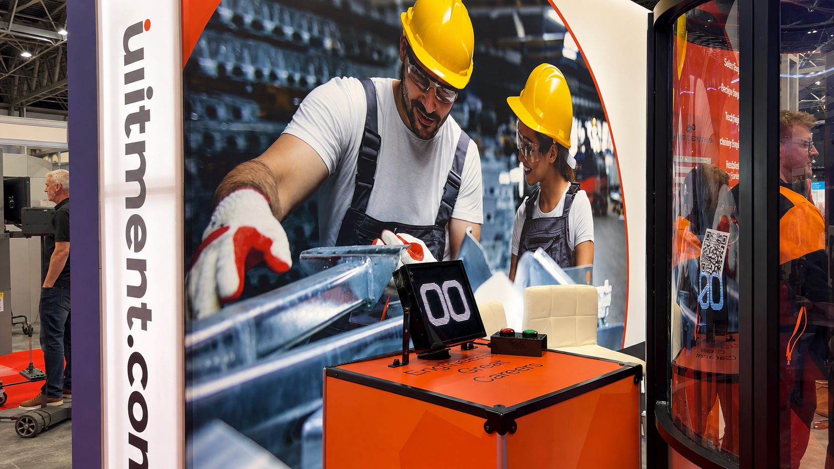 Trade show booth with workers in yellow hard hats and overalls on a large banner, an orange demonstration counter, and a digital display showing 00.