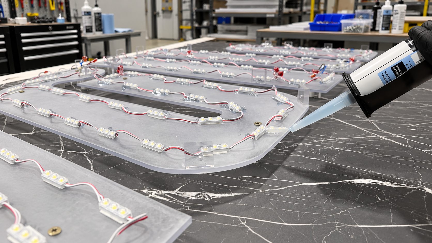 LED strip modules wired with red/white wires laid out on curved metal panels in a workshop; a gloved hand uses a caulk gun to apply adhesive.