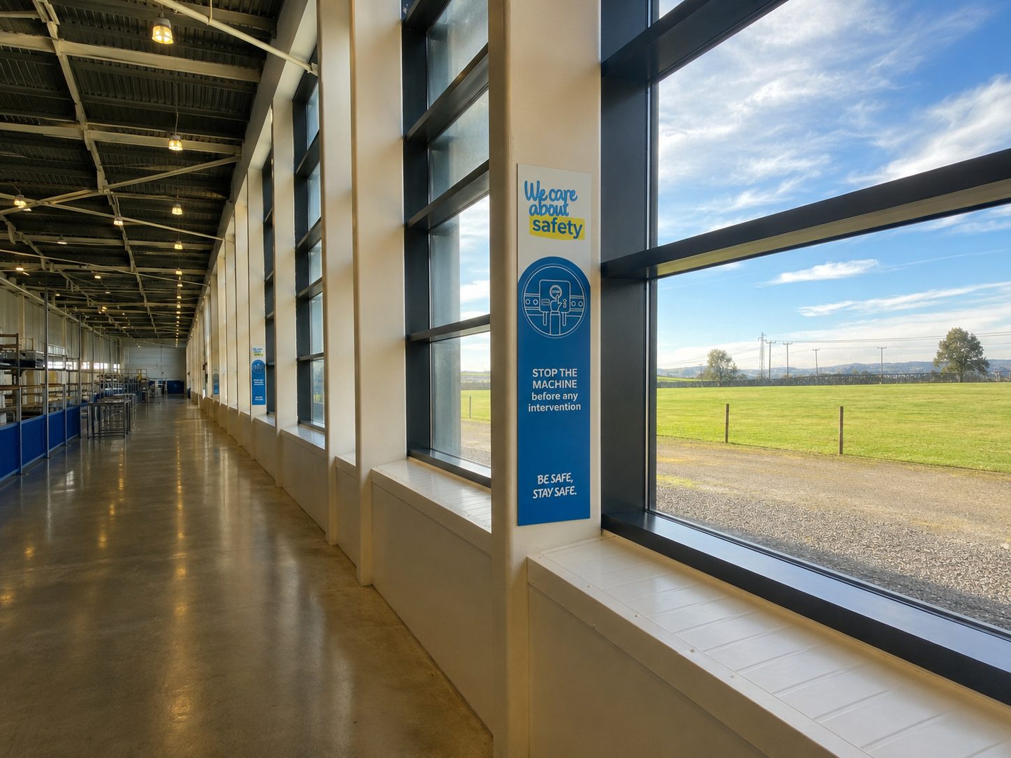 Industrial hallway with large windows looking onto a green field; safety poster on a pillar reads 'We care about safety' and 'Stop the machine before any intervention'.