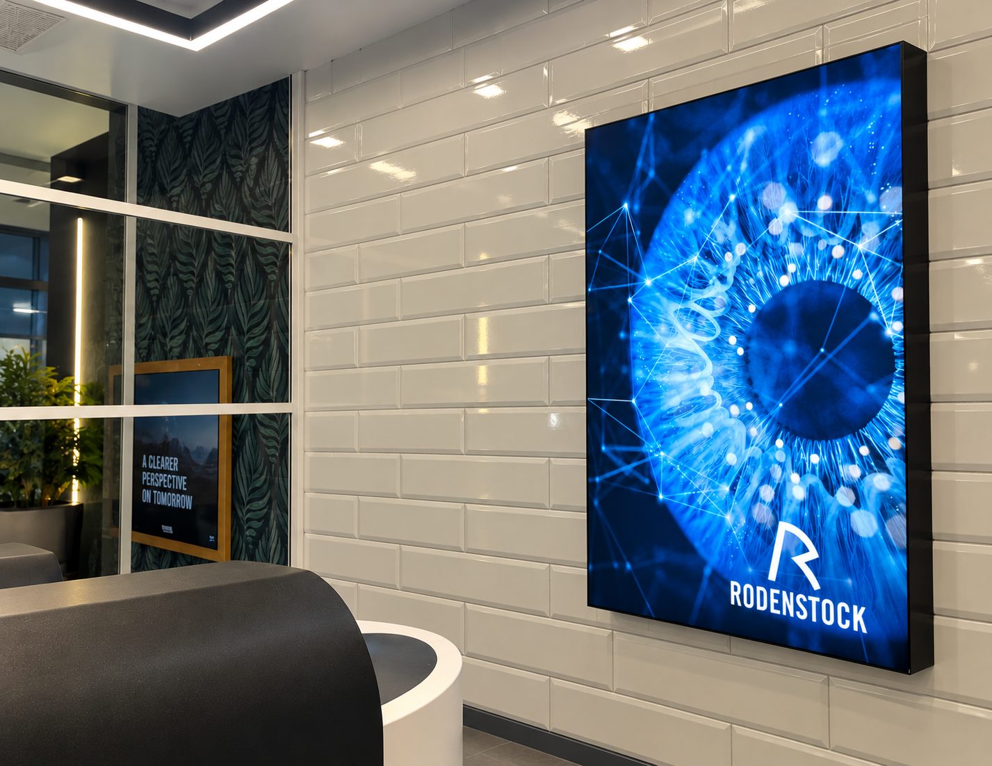 Vertical digital display on a white tile wall showing a blue abstract network image with Rodenstock branding.