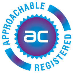 Circular badge with blue-purple gradient, white 'ac' logo in the center, surrounded by a jagged ring and the words 'APPROACHABLE' and 'REGISTERED'.