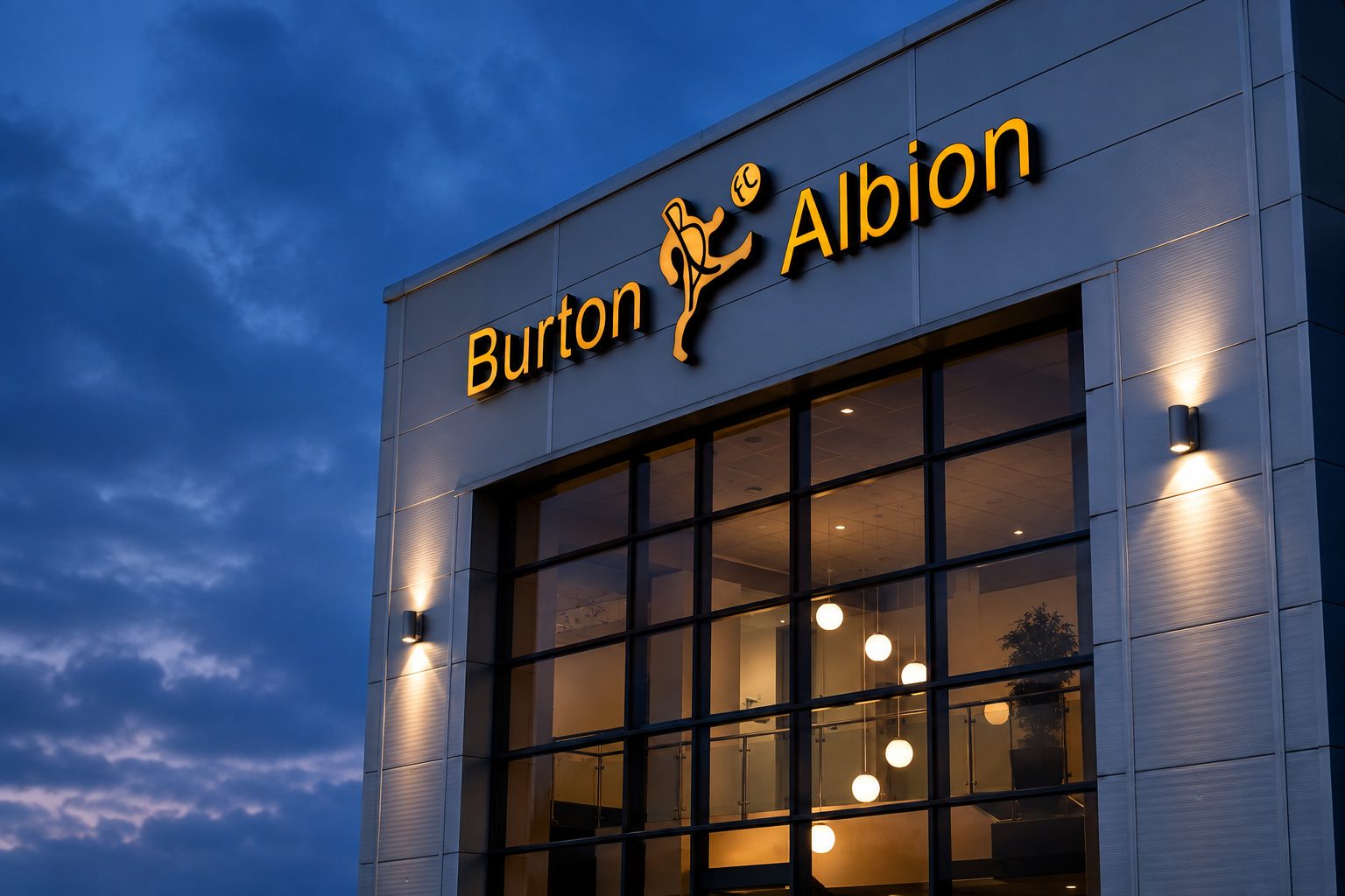 Exterior view of Burton Albion building at dusk with illuminated yellow sign and large glass entry gallery visible through the windows