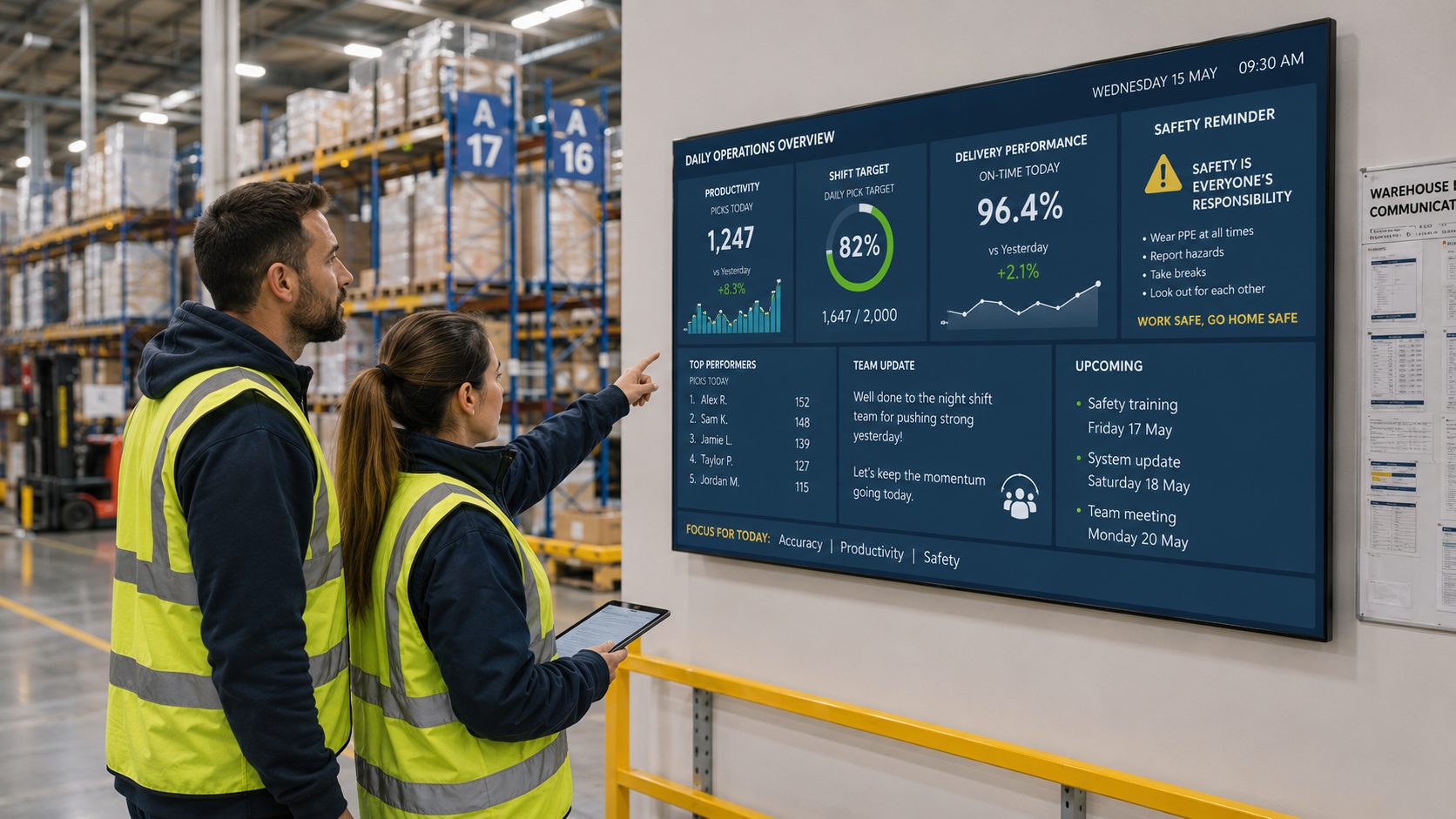 Two warehouse workers in high‑visibility vests review a large digital operations dashboard on a wall screen.