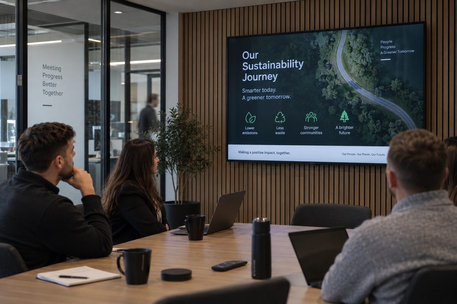Group of professionals in a modern meeting room watching a large screen titled 'Our Sustainability Journey' with icons for lower emissions, less waste, stronger communities, and a brighter future.