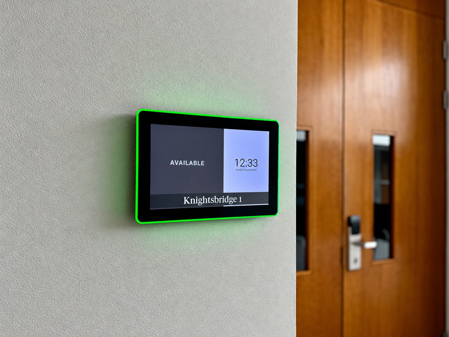 Wall-mounted digital room sign showing AVAILABLE, with the time 12:33 and location Knightsbridge 1 (green edge).