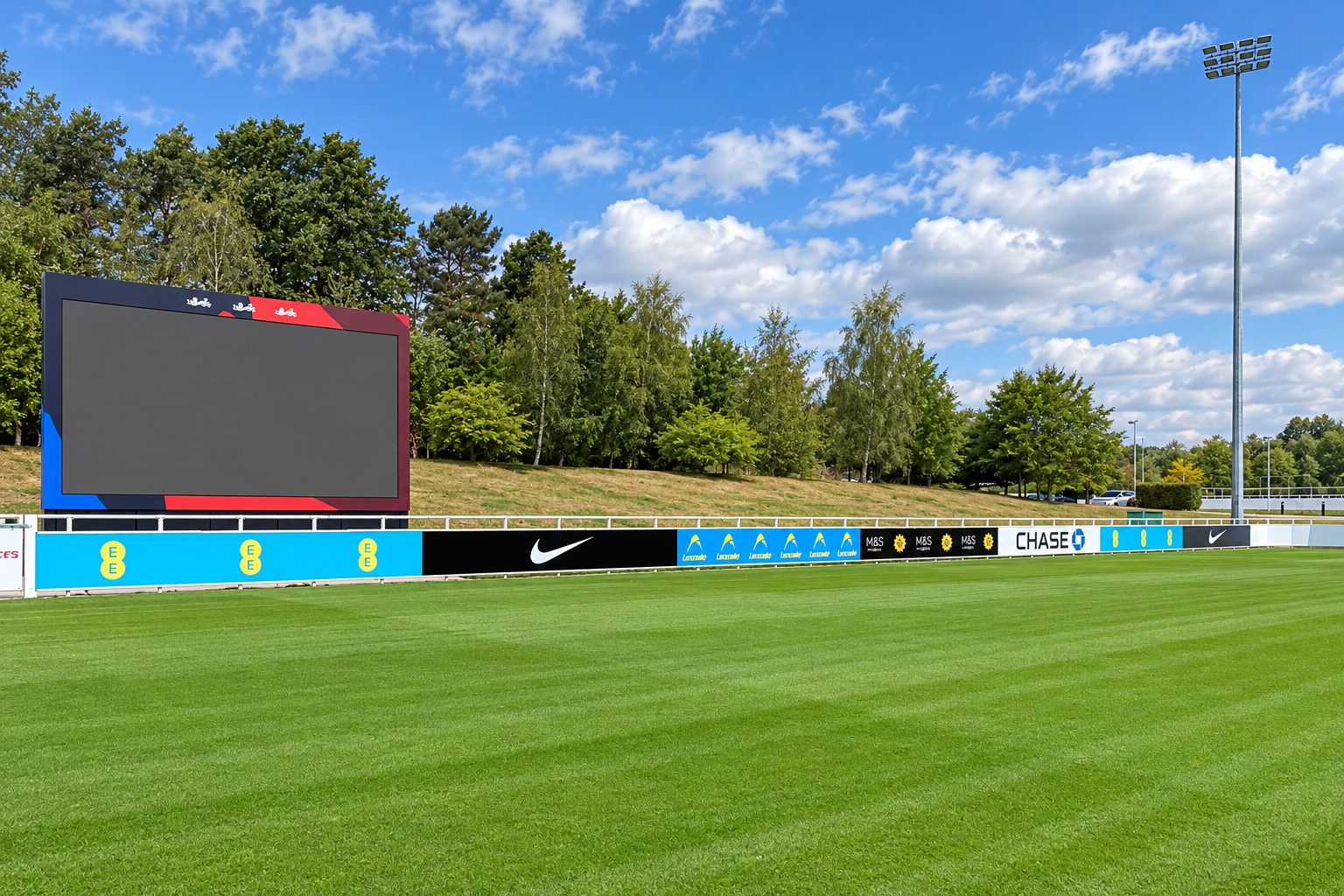Wide view of a sports field with a large blank digital scoreboard and advertising boards along the sideline, blue sky above and trees in the background.