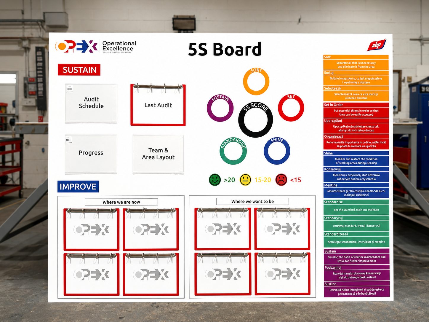 White 5S board in a workshop showing Sustain, Improve, and audit sections with labels like Audit Schedule and Last Audit plus colored 5S circles (Sustain, Standardize, Shine).