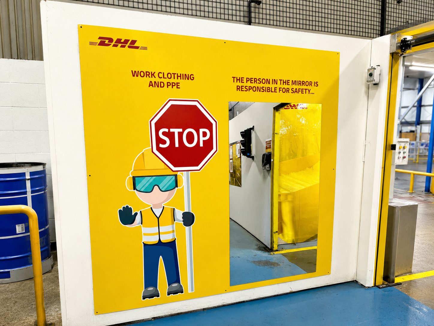 Bright yellow safety panel with a cartoon worker holding a Stop sign and wearing PPE; DHL logo at top left, warning text about work clothing and PPE