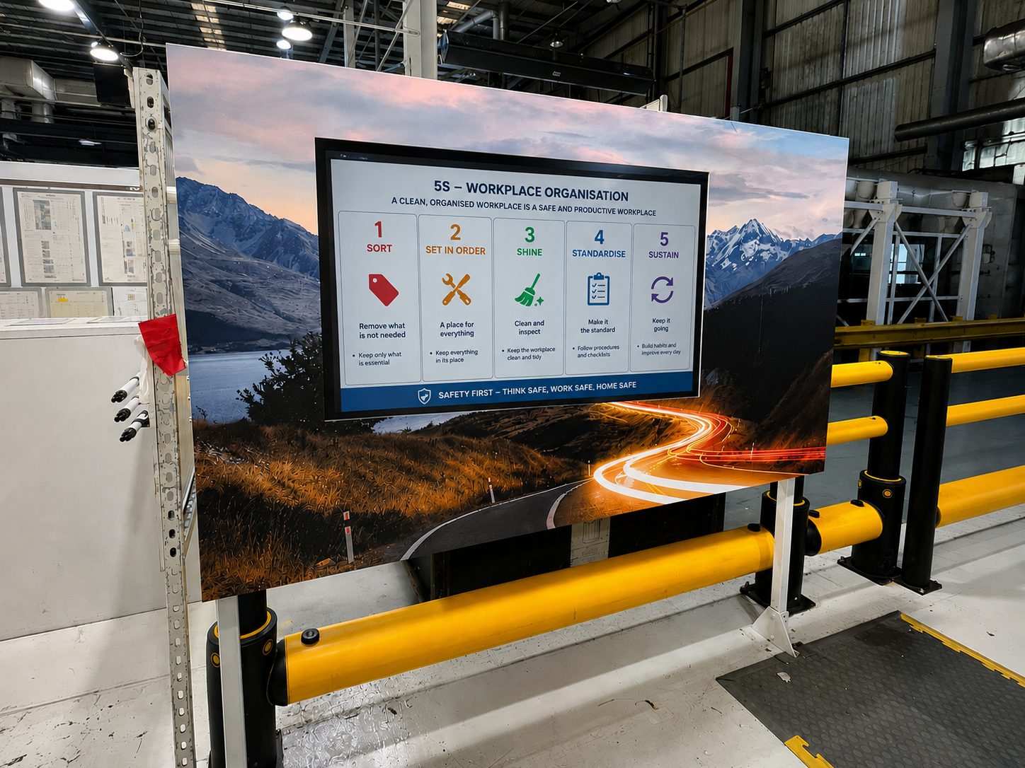 Large indoor banner showing a 5S workplace organisation poster (Sort, Set in Order, Shine, Standardise, Sustain) with icons, mounted in an industrial setting near yellow safety rails.