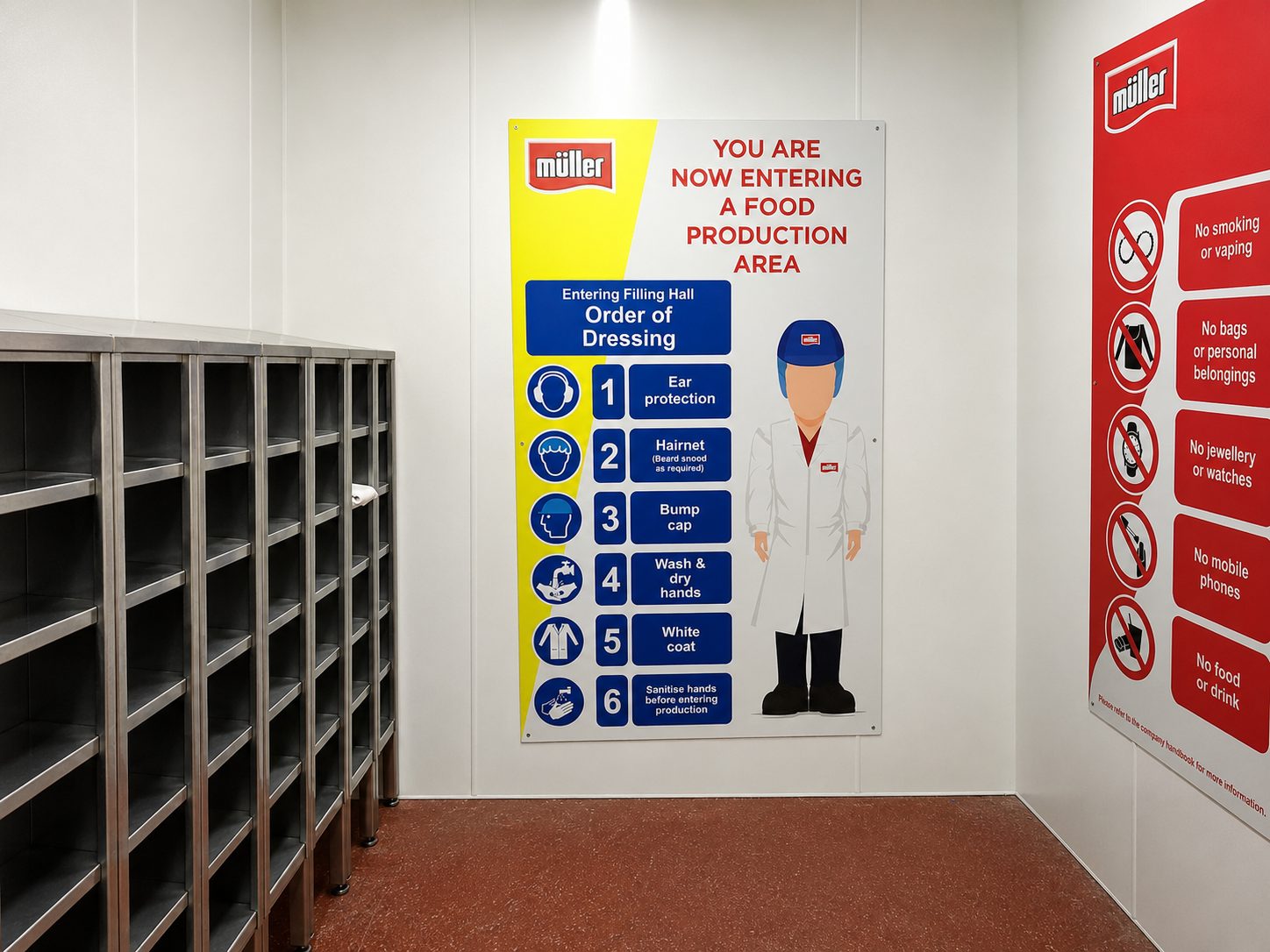 Signage in a food production area displaying dressing order: ear protection, hairnet, bump cap, wash hands, white coat beside a cartoon worker; yellow and blue panels with steps.