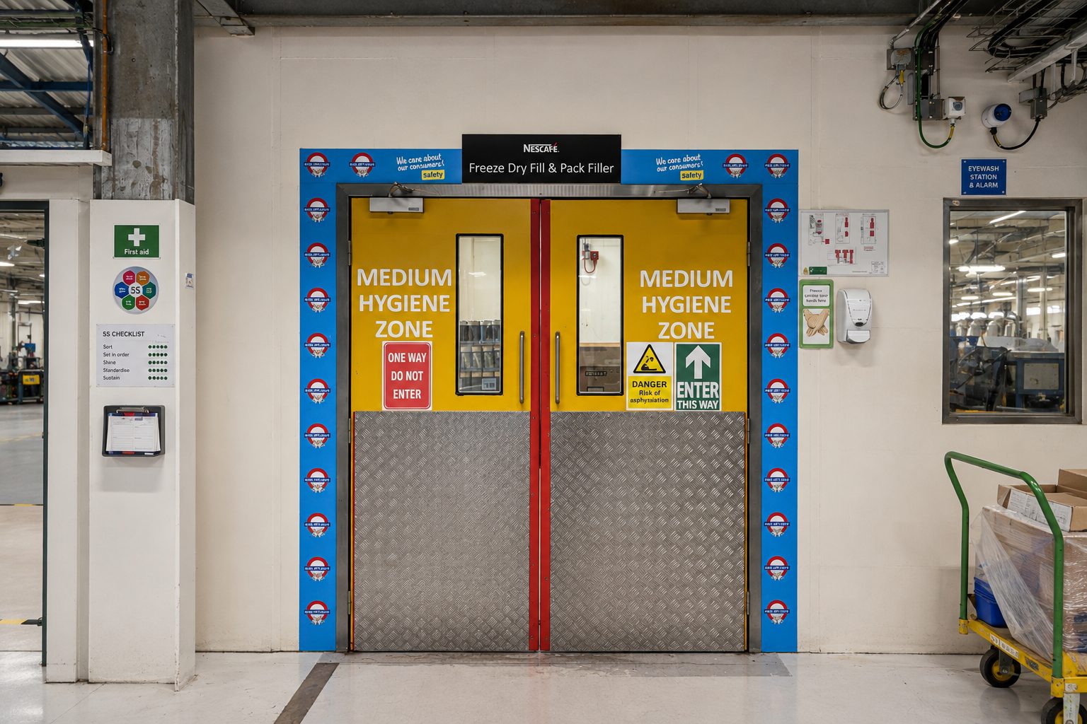 Double yellow doors labeled 'Medium Hygiene Zone' framed by a blue safety border in a warehouse, with red center strip and diamond-plate lower panels.