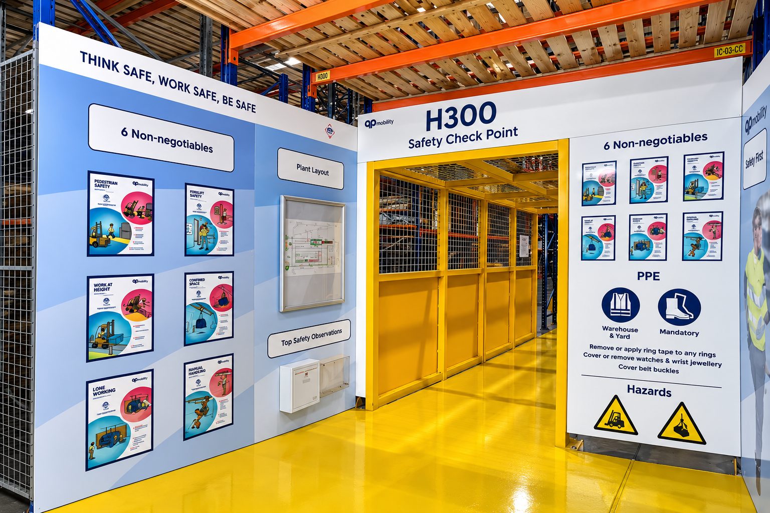 Safety check point entrance labeled H300 with a yellow gate in a warehouse exhibition setup, surrounded by safety posters and PPE signs.
