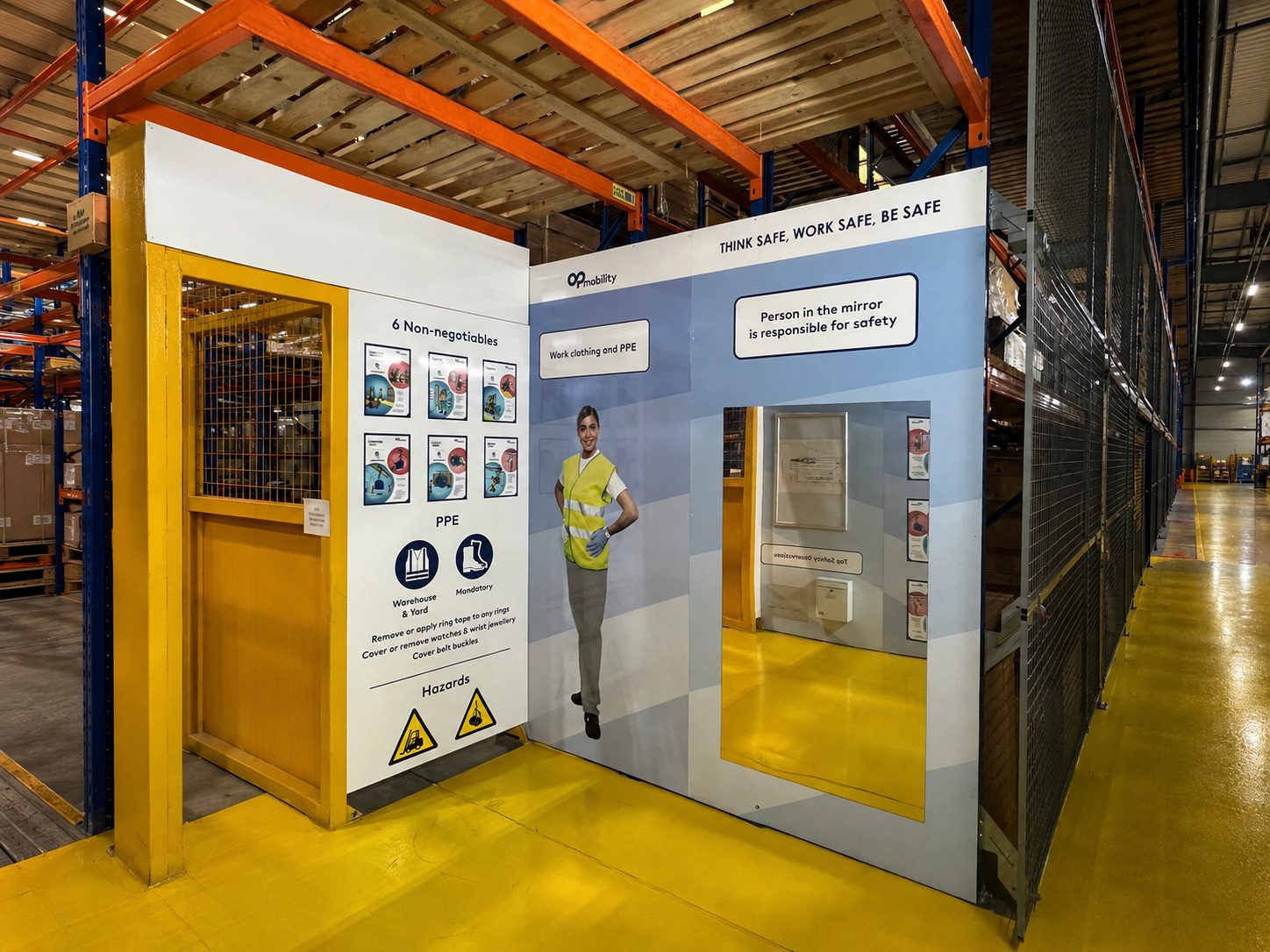 Warehouse safety exhibit with PPE posters, hazard signs, and a life-size figure in a high-visibility vest, by storage racks.